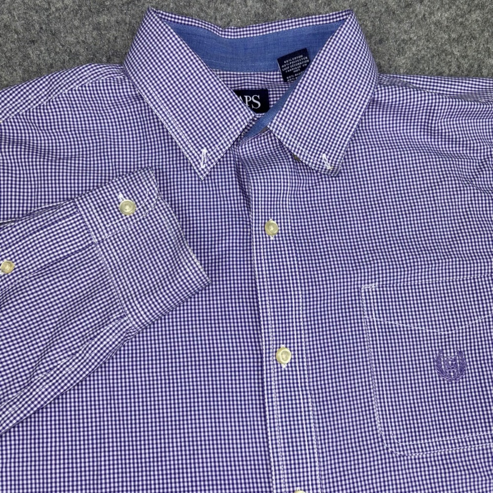 Chaps Button Down Shirt Mens Large Purple Gingham Long Sleeve Easy Care Business
